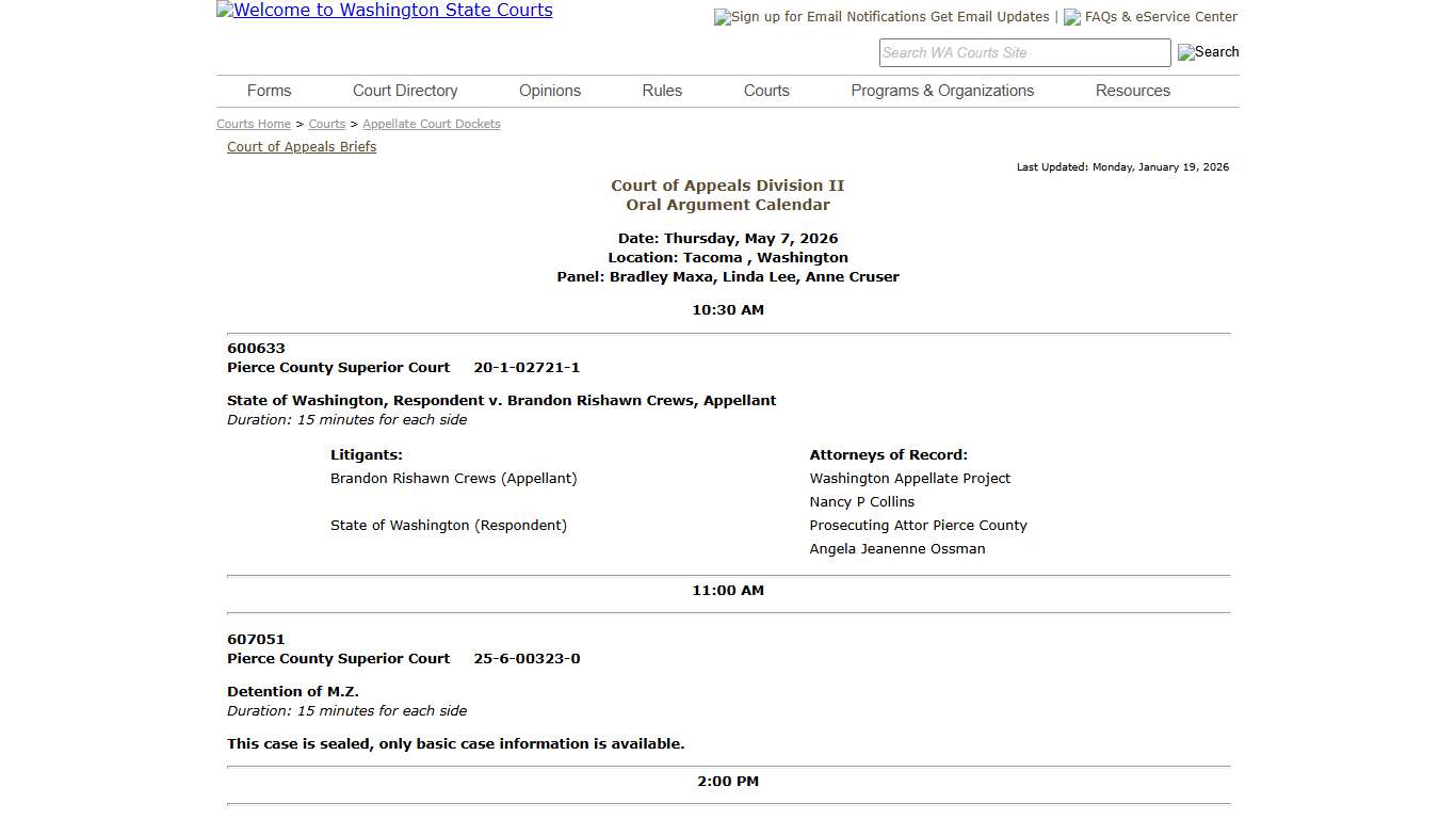 Washington State Courts - Appellate Court Dockets